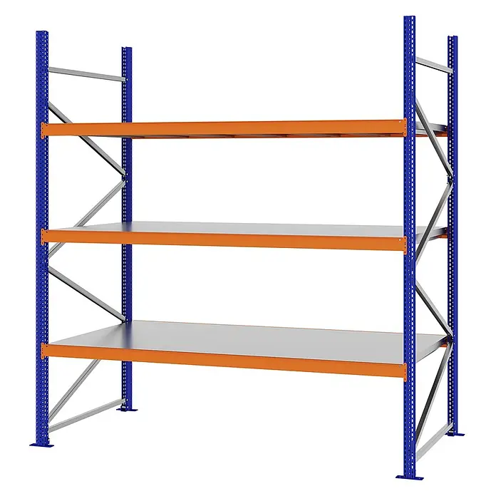 Proregal Schwerlastregal Weitspannregal MAGNUS PRO mit Stahlboden - H x B x T: 250 x 225 x 100 cm, Traglast pro Boden: 520 kg, Anzahl Böden: 3 Stk., Schrauben, Blau-Orange