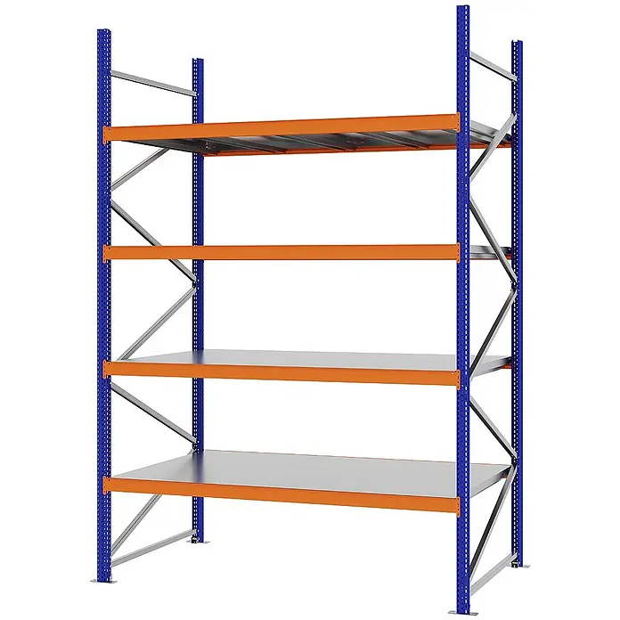 Proregal Schwerlastregal Weitspannregal MAGNUS PRO mit Stahlboden - H x B x T: 300 x 200 x 100 cm, Traglast pro Boden: 600 kg, Anzahl Böden: 4 Stk., Schrauben, Blau-Orange