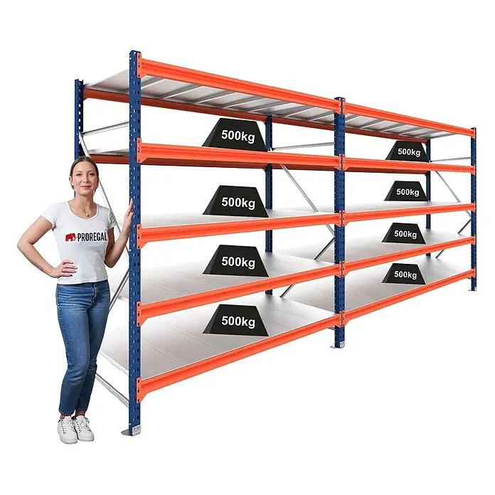 Proregal Schwerlastregal DOMINUS 2er Set mit Stahlplatten - H x B x T: 300 x 150 x 60 cm, Traglast pro Boden: 500 kg, Anzahl Böden: 5 Stk., Stecken, Blau/Orange