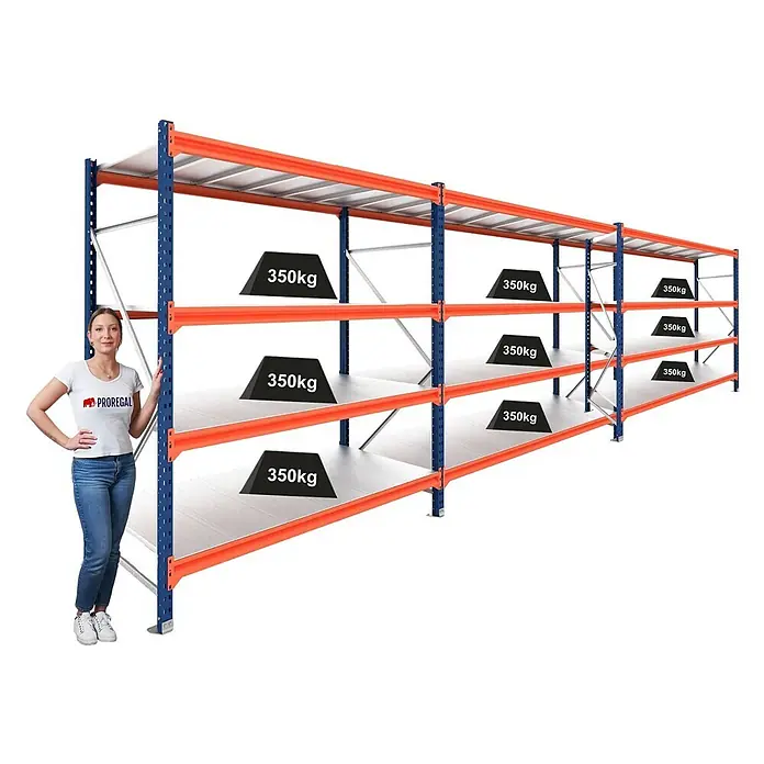 Proregal Schwerlastregal DOMINUS 3er Set mit Stahlplatten - H x B x T: 300 x 195 x 60 cm, Traglast pro Boden: 350 kg, Anzahl Böden: 4 Stk., Stecken, Blau/Orange