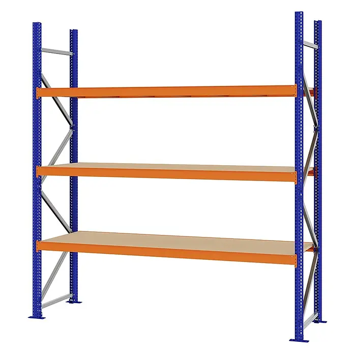 Proregal Schwerlastregal Weitspannregal MAGNUS PRO mit Spanplatten - H x B x T: 250 x 225 x 60 cm, Traglast pro Boden: 520 kg, Anzahl Böden: 3 Stk., Schrauben, Blau-Orange