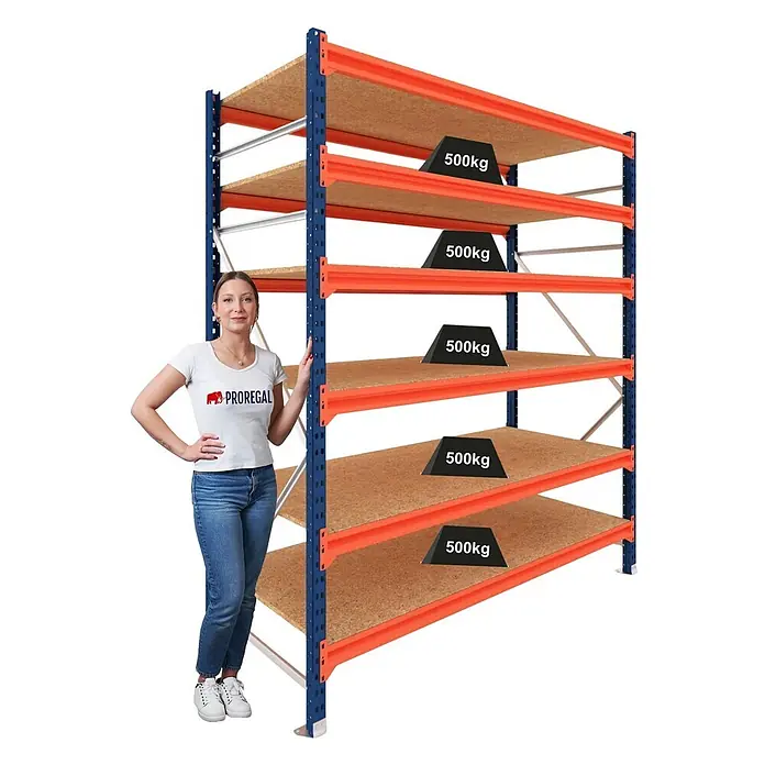 Proregal Schwerlastregal Grundregal DOMINUS mit Spanplatten - H x B x T: 300 x 150 x 60 cm, Traglast pro Boden: 500 kg, Anzahl Böden: 6 Stk., Stecken, Blau/Orange