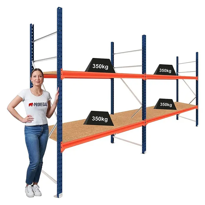 Proregal Schwerlastregal DOMINUS 2er Set mit Spanplatten - H x B x T: 300 x 195 x 40 cm, Traglast pro Boden: 350 kg, Anzahl Böden: 2 Stk., Stecken, Blau/Orange