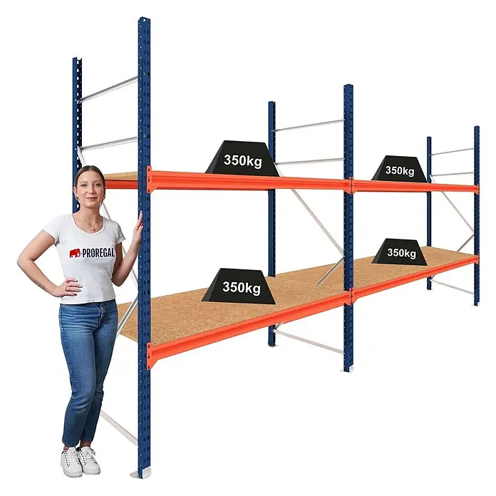 Proregal Schwerlastregal DOMINUS 2er Set mit Spanplatten - H x B x T: 300 x 195 x 60 cm, Traglast pro Boden: 350 kg, Anzahl Böden: 2 Stk., Stecken, Blau/Orange