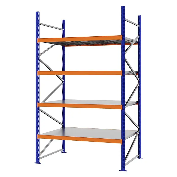 Proregal Schwerlastregal Weitspannregal MAGNUS PRO mit Stahlboden - H x B x T: 300 x 175 x 100 cm, Traglast pro Boden: 700 kg, Anzahl Böden: 4 Stk., Schrauben, Blau-Orange