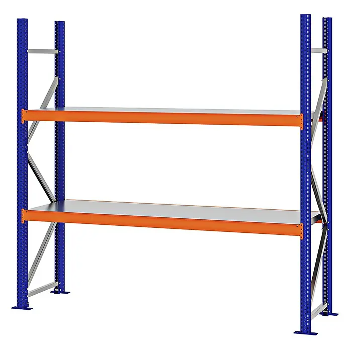 Proregal Schwerlastregal Weitspannregal MAGNUS PRO mit Stahlboden - H x B x T: 200 x 200 x 50 cm, Traglast pro Boden: 600 kg, Anzahl Böden: 2 Stk., Schrauben, Blau-Orange