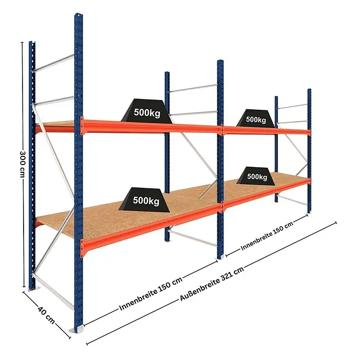 Proregal Schwerlastregal DOMINUS 2er Set mit Spanplatten - H x B x T: 300 x 150 x 40 cm, Traglast pro Boden: 500 kg, Anzahl Böden: 2 Stk., Stecken, Blau/Orange
