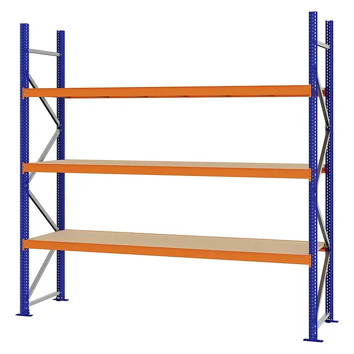 Proregal Schwerlastregal Weitspannregal MAGNUS PRO mit Spanplatten - H x B x T: 250 x 250 x 60 cm, Traglast pro Boden: 430 kg, Anzahl Böden: 3 Stk., Schrauben, Blau-Orange