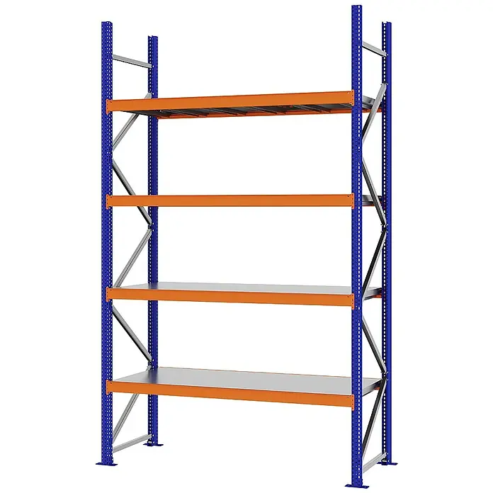 Proregal Schwerlastregal Weitspannregal MAGNUS PRO mit Stahlboden - H x B x T: 300 x 175 x 60 cm, Traglast pro Boden: 700 kg, Anzahl Böden: 4 Stk., Schrauben, Blau-Orange