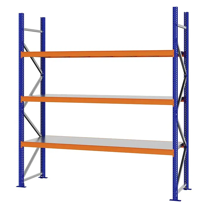 Proregal Schwerlastregal Weitspannregal MAGNUS PRO mit Stahlboden - H x B x T: 250 x 225 x 60 cm, Traglast pro Boden: 520 kg, Anzahl Böden: 3 Stk., Schrauben, Blau-Orange