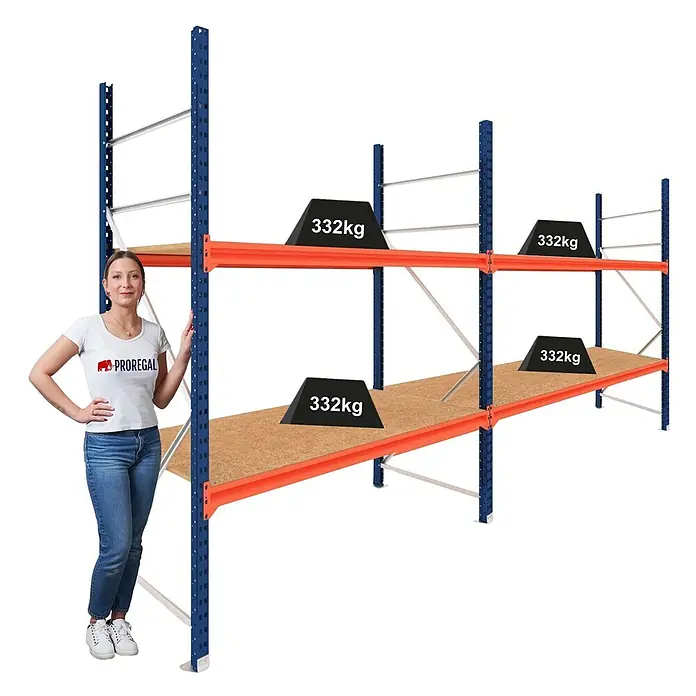 Proregal Schwerlastregal DOMINUS 2er Set mit Spanplatten - H x B x T: 300 x 240 x 80 cm, Traglast pro Boden: 332 kg, Anzahl Böden: 2 Stk., Stecken, Blau/Orange