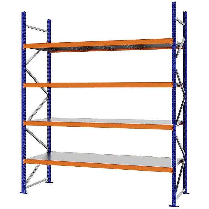 Proregal Schwerlastregal Weitspannregal MAGNUS PRO mit Stahlboden - H x B x T: 300 x 250 x 80 cm, Traglast pro Boden: 430 kg, Anzahl Böden: 4 Stk., Schrauben, Blau-Orange