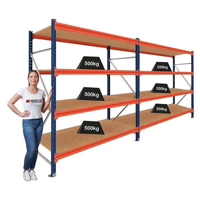 Proregal Schwerlastregal DOMINUS 2er Set mit Spanplatten - H x B x T: 300 x 150 x 100 cm, Traglast pro Boden: 500 kg, Anzahl Böden: 4 Stk., Stecken, Blau/Orange