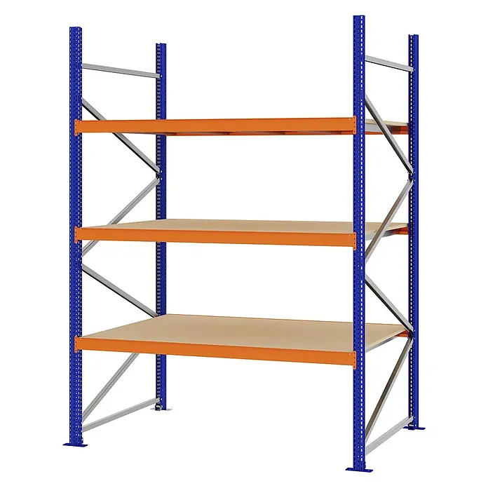 Proregal Schwerlastregal Weitspannregal MAGNUS PRO mit Spanplatten - H x B x T: 250 x 175 x 100 cm, Traglast pro Boden: 700 kg, Anzahl Böden: 3 Stk., Schrauben, Blau-Orange