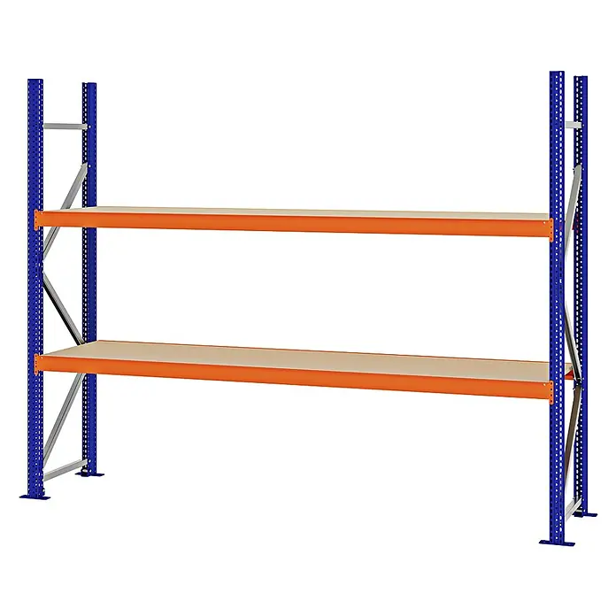 Proregal Schwerlastregal Weitspannregal MAGNUS PRO mit Spanplatten - H x B x T: 200 x 250 x 50 cm, Traglast pro Boden: 430 kg, Anzahl Böden: 2 Stk., Schrauben, Blau-Orange