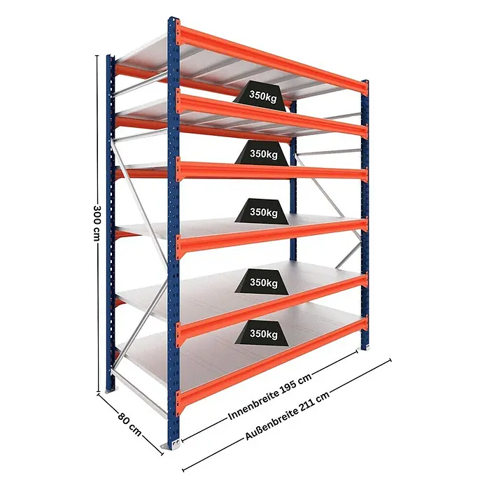 Proregal Schwerlastregal Grundregal DOMINUS mit Stahlplatten - H x B x T: 300 x 195 x 80 cm, Traglast pro Boden: 350 kg, Anzahl Böden: 6 Stk., Stecken, Blau/Orange