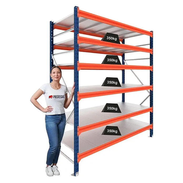 Proregal Schwerlastregal Grundregal DOMINUS mit Stahlplatten - H x B x T: 300 x 195 x 80 cm, Traglast pro Boden: 350 kg, Anzahl Böden: 6 Stk., Stecken, Blau/Orange