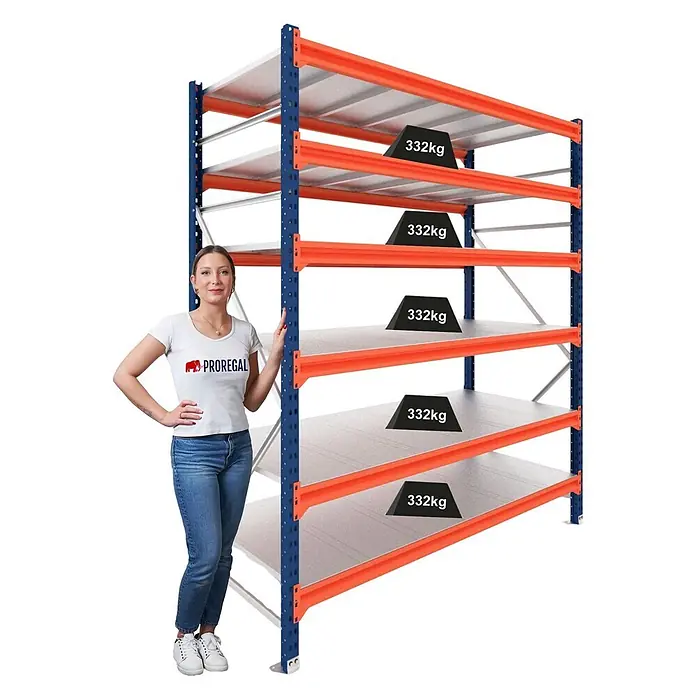 Proregal Schwerlastregal Grundregal DOMINUS mit Stahlplatten - H x B x T: 300 x 240 x 80 cm, Traglast pro Boden: 332 kg, Anzahl Böden: 6 Stk., Stecken, Blau/Orange