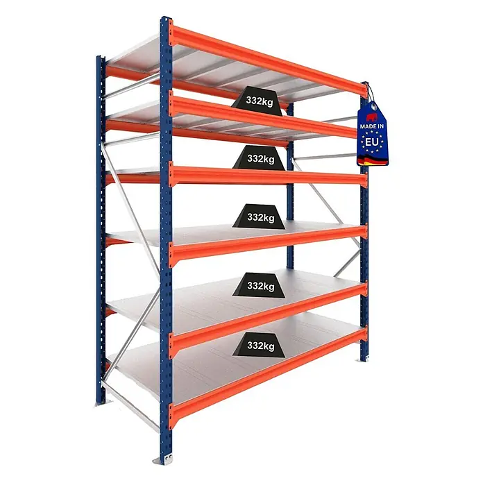 Proregal Schwerlastregal Grundregal DOMINUS mit Stahlplatten - H x B x T: 300 x 240 x 80 cm, Traglast pro Boden: 332 kg, Anzahl Böden: 6 Stk., Stecken, Blau/Orange