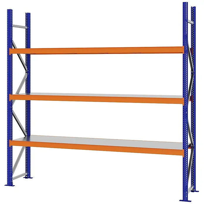 Proregal Schwerlastregal Weitspannregal MAGNUS PRO mit Stahlboden - H x B x T: 250 x 250 x 50 cm, Traglast pro Boden: 430 kg, Anzahl Böden: 3 Stk., Schrauben, Blau-Orange