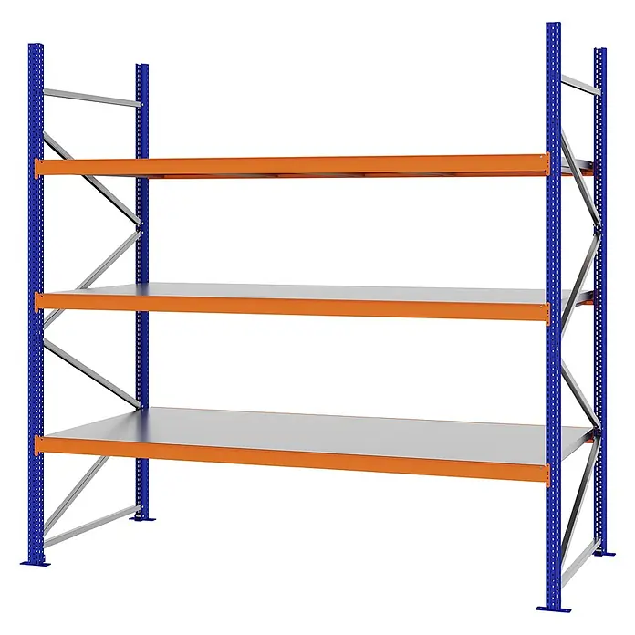 Proregal Schwerlastregal Weitspannregal MAGNUS PRO mit Stahlboden - H x B x T: 250 x 250 x 100 cm, Traglast pro Boden: 430 kg, Anzahl Böden: 3 Stk., Schrauben, Blau-Orange