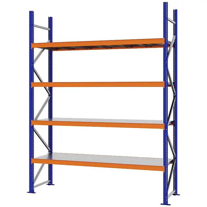 Proregal Schwerlastregal Weitspannregal MAGNUS PRO mit Stahlboden - H x B x T: 300 x 225 x 60 cm, Traglast pro Boden: 520 kg, Anzahl Böden: 4 Stk., Schrauben, Blau-Orange