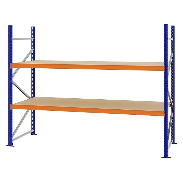 Proregal Schwerlastregal Weitspannregal MAGNUS PRO mit Spanplatten - H x B x T: 200 x 250 x 100 cm, Traglast pro Boden: 430 kg, Anzahl Böden: 2 Stk., Schrauben, Blau-Orange