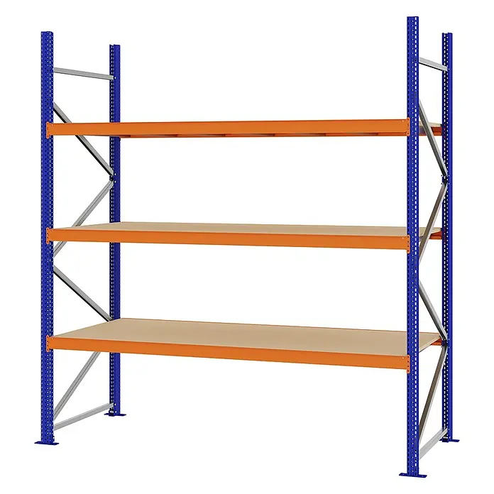 Proregal Schwerlastregal Weitspannregal MAGNUS PRO mit Spanplatten - H x B x T: 250 x 225 x 80 cm, Traglast pro Boden: 520 kg, Anzahl Böden: 3 Stk., Schrauben, Blau-Orange