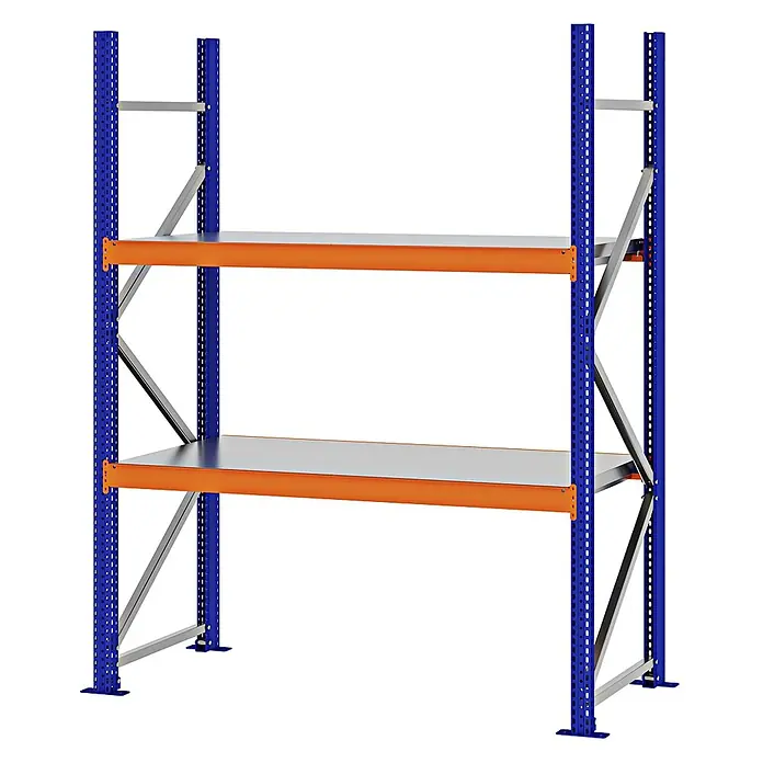 Proregal Schwerlastregal Weitspannregal MAGNUS PRO mit Stahlboden - H x B x T: 200 x 150 x 60 cm, Traglast pro Boden: 750 kg, Anzahl Böden: 2 Stk., Schrauben, Blau-Orange