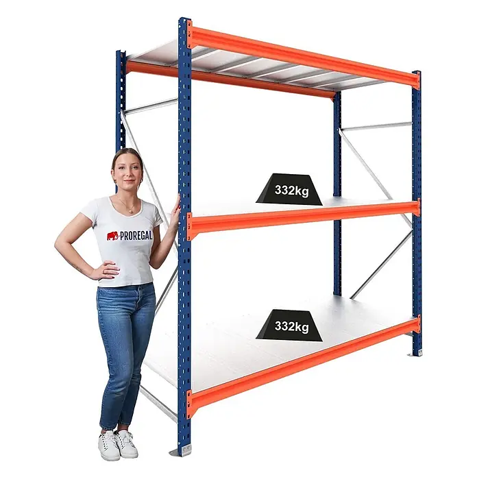 Proregal Schwerlastregal Grundregal DOMINUS mit Stahlplatten - H x B x T: 300 x 240 x 60 cm, Traglast pro Boden: 332 kg, Anzahl Böden: 3 Stk., Stecken, Blau/Orange