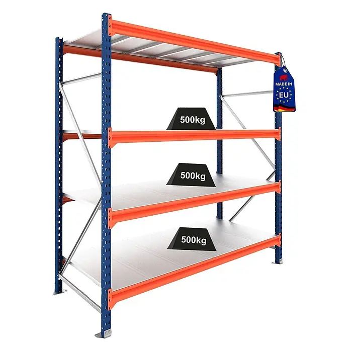 Proregal Schwerlastregal Grundregal DOMINUS mit Stahlplatten - H x B x T: 300 x 150 x 80 cm, Traglast pro Boden: 500 kg, Anzahl Böden: 4 Stk., Stecken, Blau/Orange