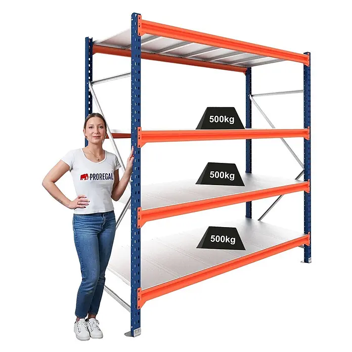 Proregal Schwerlastregal Grundregal DOMINUS mit Stahlplatten - H x B x T: 300 x 150 x 80 cm, Traglast pro Boden: 500 kg, Anzahl Böden: 4 Stk., Stecken, Blau/Orange