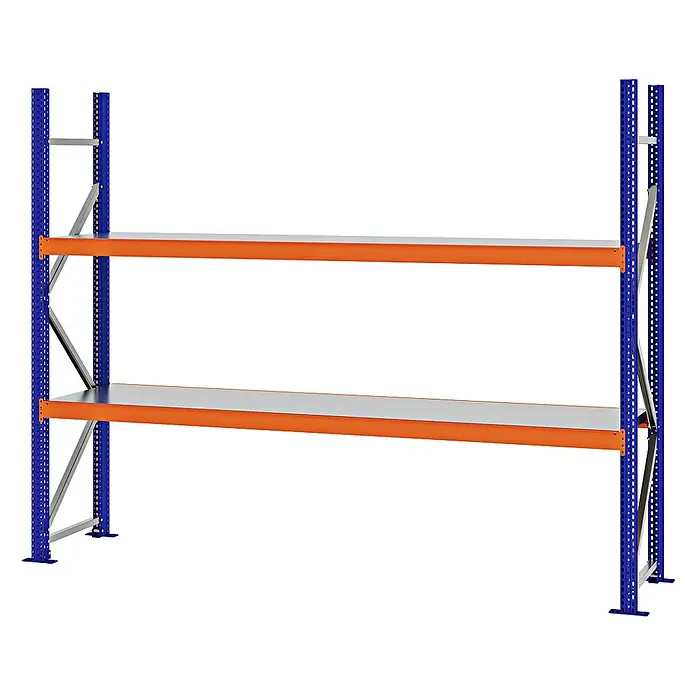 Proregal Schwerlastregal Weitspannregal MAGNUS PRO mit Stahlboden - H x B x T: 200 x 250 x 50 cm, Traglast pro Boden: 430 kg, Anzahl Böden: 2 Stk., Schrauben, Blau-Orange