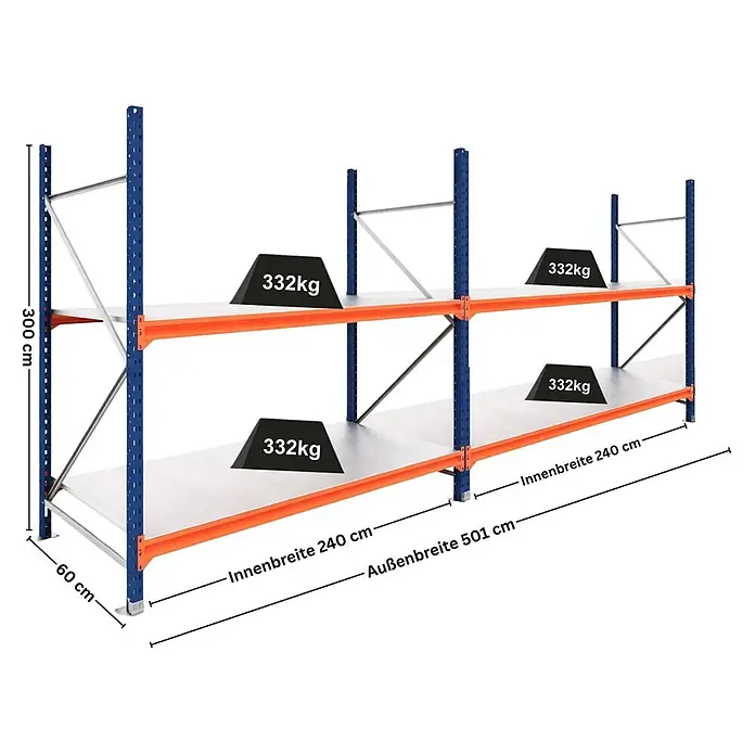 Proregal Schwerlastregal DOMINUS 2er Set mit Stahlplatten - H x B x T: 300 x 240 x 60 cm, Traglast pro Boden: 332 kg, Anzahl Böden: 2 Stk., Stecken, Blau/Orange