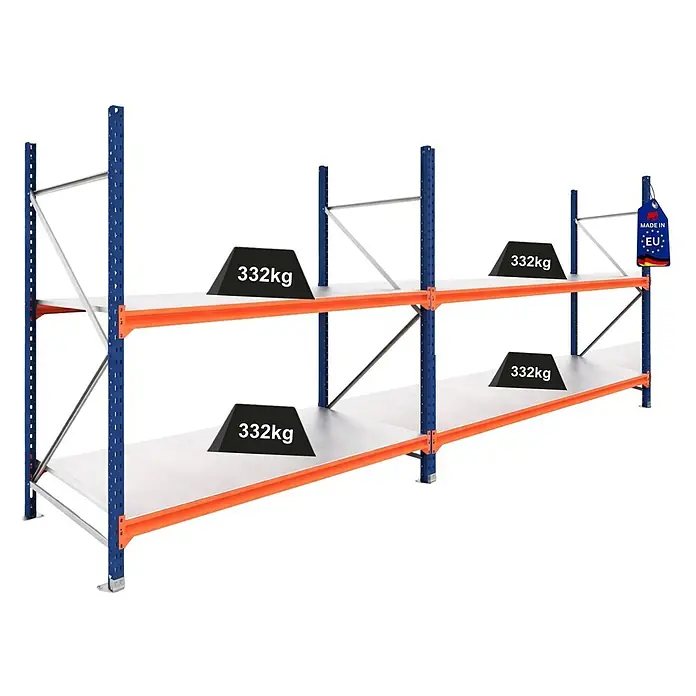 Proregal Schwerlastregal DOMINUS 2er Set mit Stahlplatten - H x B x T: 300 x 240 x 60 cm, Traglast pro Boden: 332 kg, Anzahl Böden: 2 Stk., Stecken, Blau/Orange