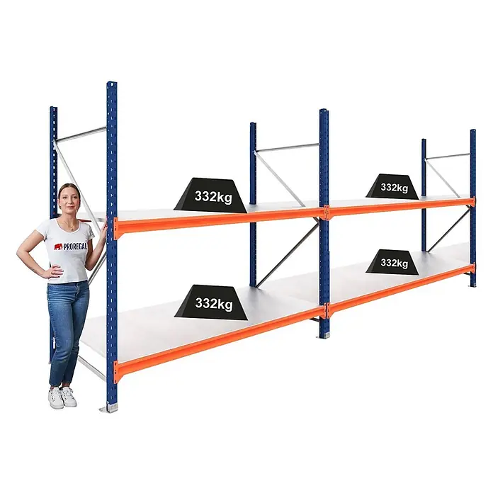 Proregal Schwerlastregal DOMINUS 2er Set mit Stahlplatten - H x B x T: 300 x 240 x 60 cm, Traglast pro Boden: 332 kg, Anzahl Böden: 2 Stk., Stecken, Blau/Orange