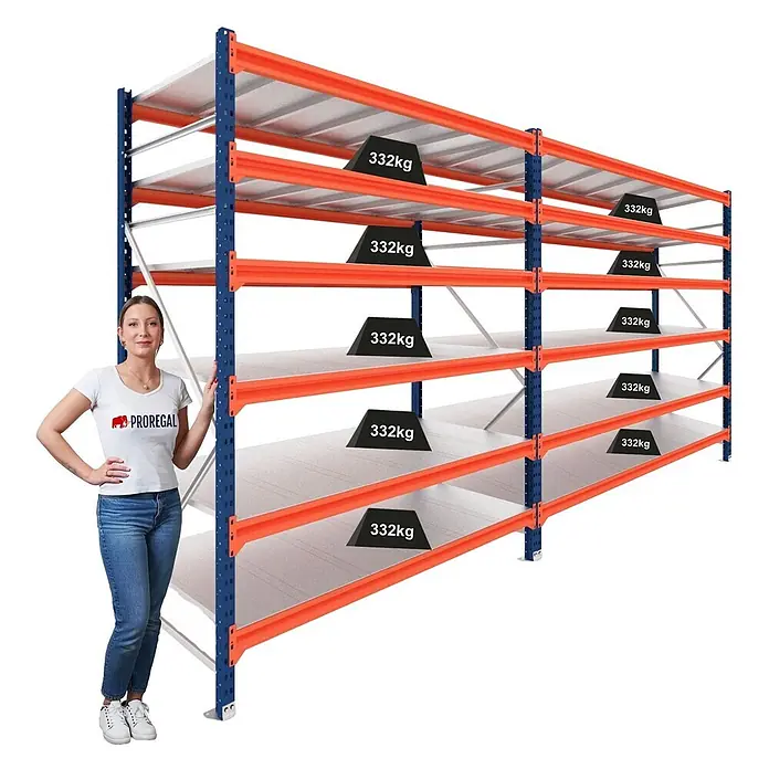 Proregal Schwerlastregal DOMINUS 2er Set mit Stahlplatten - H x B x T: 300 x 240 x 60 cm, Traglast pro Boden: 332 kg, Anzahl Böden: 6 Stk., Stecken, Blau/Orange