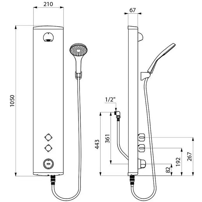 Delabie DU-Elem SECURITHERM Thermostat-Dusche, Aluminiumgehäuse, Handbrause, Aufputz -  - Technische Zeichnung einer Duschsäule mit Handbrause, inklusive Gesamtmaßen und Anschlussabmessungen.