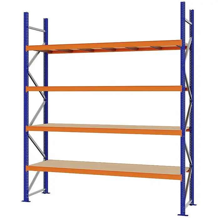 Proregal Schwerlastregal Weitspannregal MAGNUS PRO mit Spanplatten - H x B x T: 300 x 250 x 60 cm, Traglast pro Boden: 430 kg, Anzahl Böden: 4 Stk., Schrauben, Blau-Orange