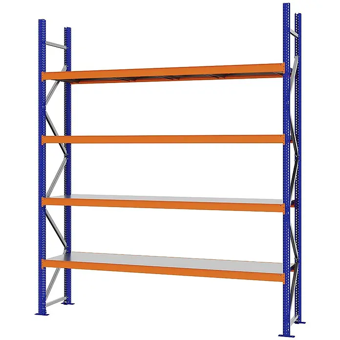 Proregal Schwerlastregal Weitspannregal MAGNUS PRO mit Stahlboden - H x B x T: 300 x 250 x 50 cm, Traglast pro Boden: 430 kg, Anzahl Böden: 4 Stk., Schrauben, Blau-Orange