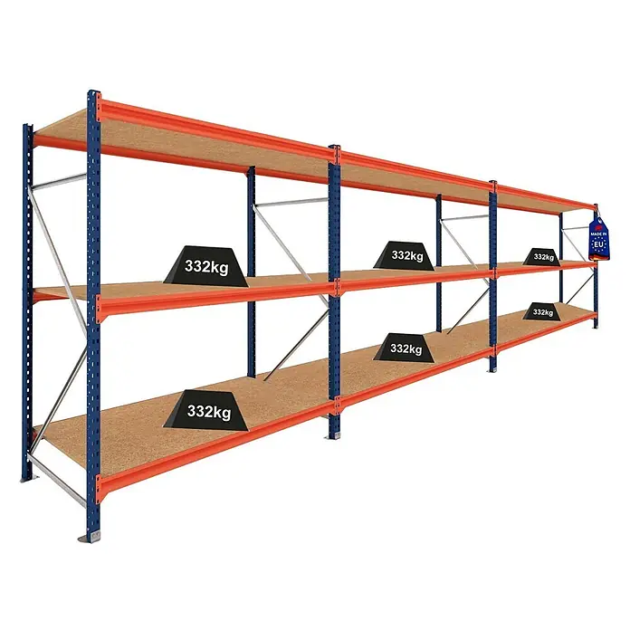 Proregal Schwerlastregal DOMINUS 3er Set mit Spanplatten - H x B x T: 300 x 240 x 80 cm, Traglast pro Boden: 332 kg, Anzahl Böden: 3 Stk., Stecken, Blau/Orange