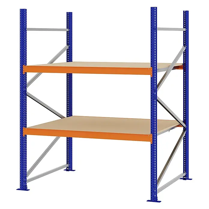 Proregal Schwerlastregal Weitspannregal MAGNUS PRO mit Spanplatten - H x B x T: 200 x 150 x 100 cm, Traglast pro Boden: 750 kg, Anzahl Böden: 2 Stk., Schrauben, Blau-Orange