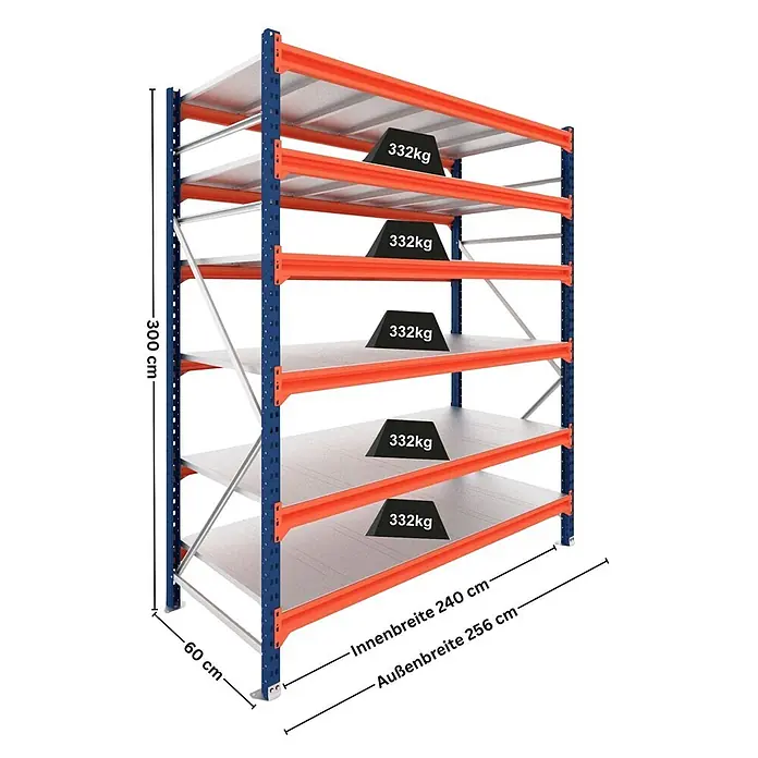 Proregal Schwerlastregal Grundregal DOMINUS mit Stahlplatten - H x B x T: 300 x 240 x 60 cm, Traglast pro Boden: 332 kg, Anzahl Böden: 6 Stk., Stecken, Blau/Orange