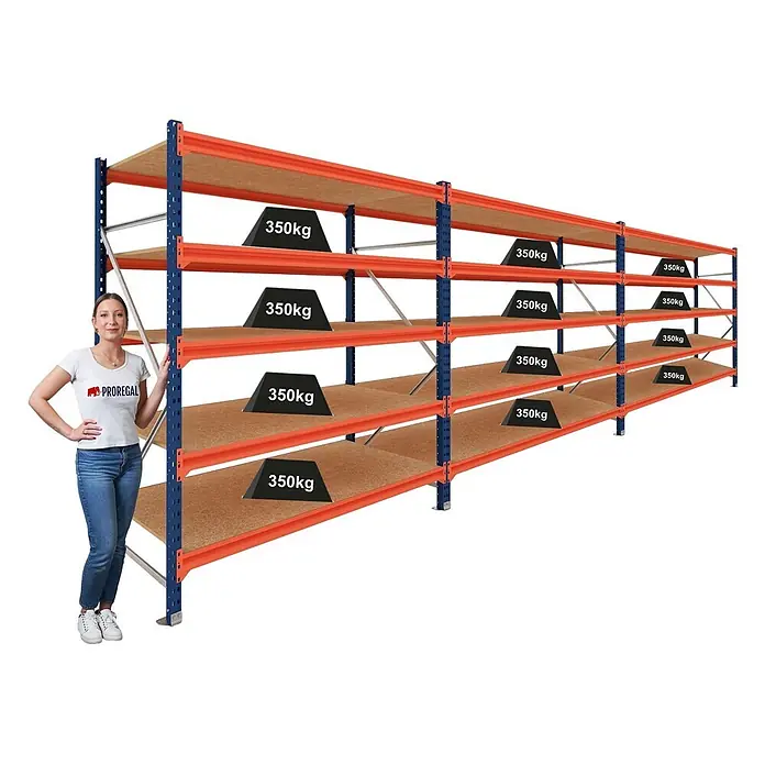 Proregal Schwerlastregal DOMINUS 3er Set mit Spanplatten - H x B x T: 300 x 195 x 60 cm, Traglast pro Boden: 350 kg, Anzahl Böden: 5 Stk., Stecken, Blau/Orange