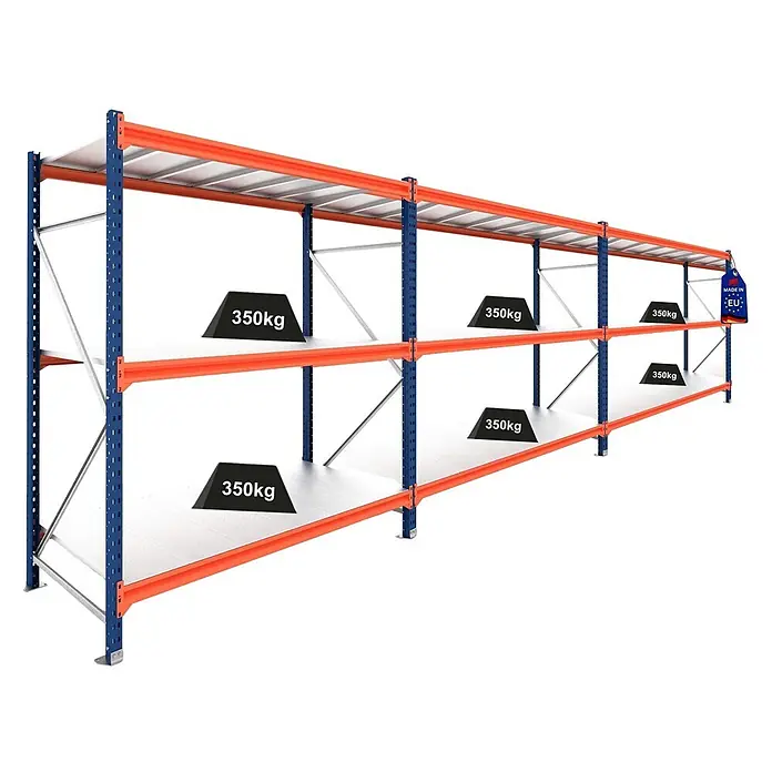 Weitspannregal Schwerlastregal Lagerregal DOMINUS | Komplettregal: 3 Felder | HxBxT 300x585x100cm | 3 Ebenen | Stahlplatten-Fachboden | Fachlast 350 kg | Blau/Orange -  - Blaues und orangefarbenes Metallregal mit weißen Böden, je 350kg Traglast. Made in EU-Etikett.