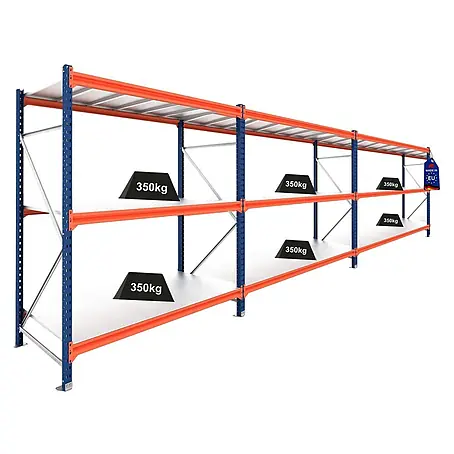 Weitspannregal Schwerlastregal Lagerregal DOMINUS | Komplettregal: 3 Felder | HxBxT 300x585x100cm | 3 Ebenen | Stahlplatten-Fachboden | Fachlast 350 kg | Blau/Orange
