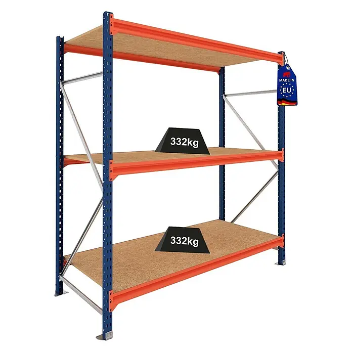 Proregal Schwerlastregal Grundregal DOMINUS mit Spanplatten - H x B x T: 300 x 240 x 80 cm, Traglast pro Boden: 332 kg, Anzahl Böden: 3 Stk., Stecken, Blau/Orange