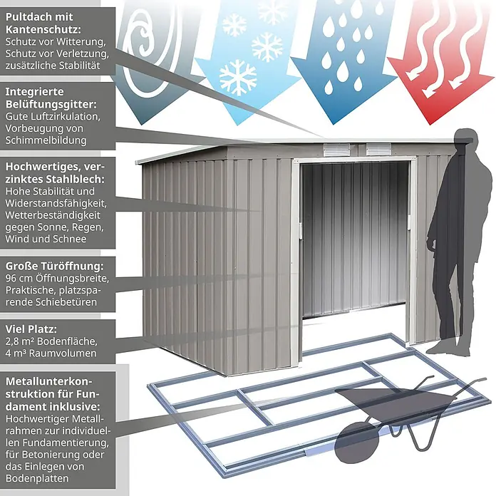 HATTORO Gerätehaus P100 - Außenbreite inkl. Dachüberstand: 213 cm, Außentiefe inkl. Dachüberstand: 130 cm, Stahl, Grau
