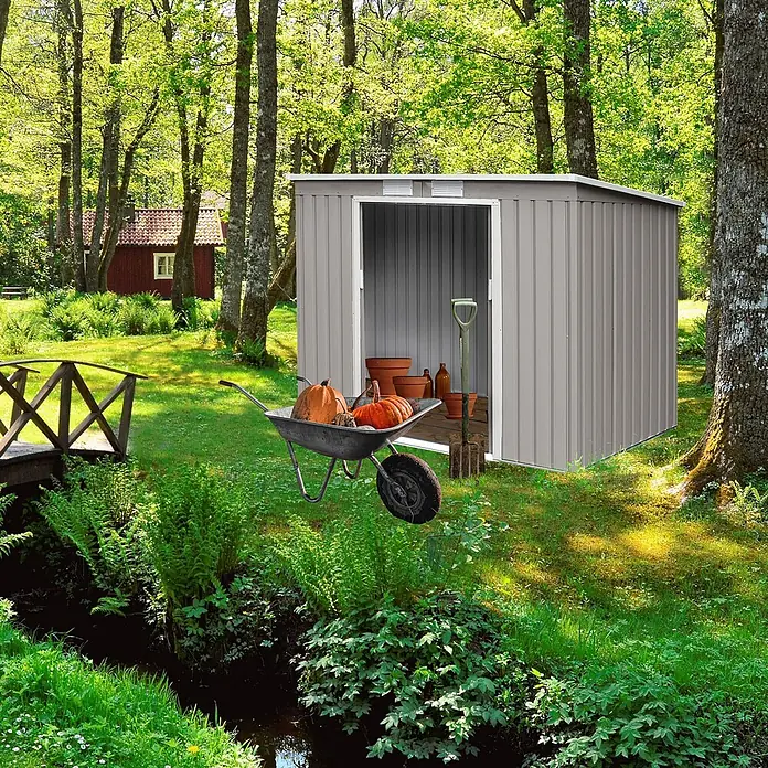 HATTORO Gerätehaus P100 - Außenbreite inkl. Dachüberstand: 213 cm, Außentiefe inkl. Dachüberstand: 130 cm, Stahl, Grau