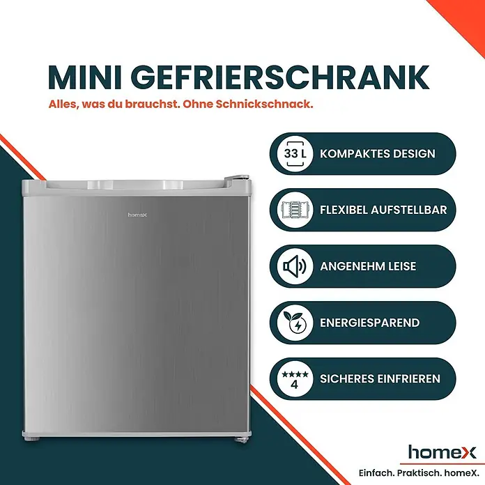 homeX Tiefkühlschrank FM1015-S - Nutzinhalt Gesamt: 33 l, 47 cm x 440 mm x 510 mm, Silber